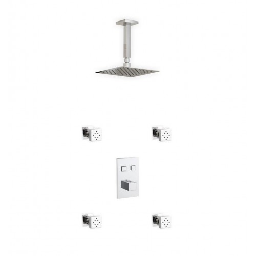 Piazza Thermostatic Shower Set w/ 8″ Ceiling Mount Square Rain Shower and 4 Body Jets
