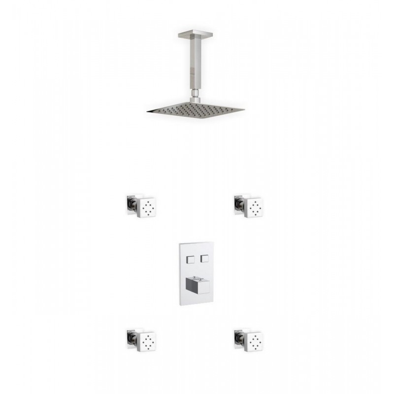 Piazza Thermostatic Shower Set w/ 8″ Ceiling Mount Square Rain Shower and 4 Body Jets