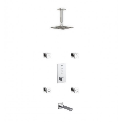 Piazza Thermostatic Shower Set w/ 8″ Ceiling Mount Square Rain Shower, Tub Filler and 4 Body Jets 
