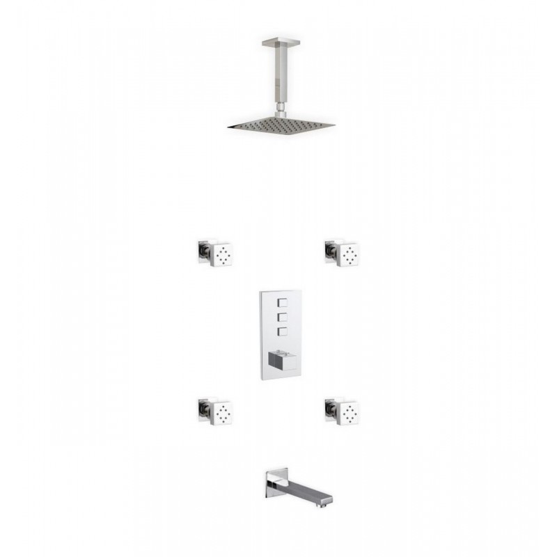 Piazza Thermostatic Shower Set w/ 8″ Ceiling Mount Square Rain Shower, Tub Filler and 4 Body Jets 