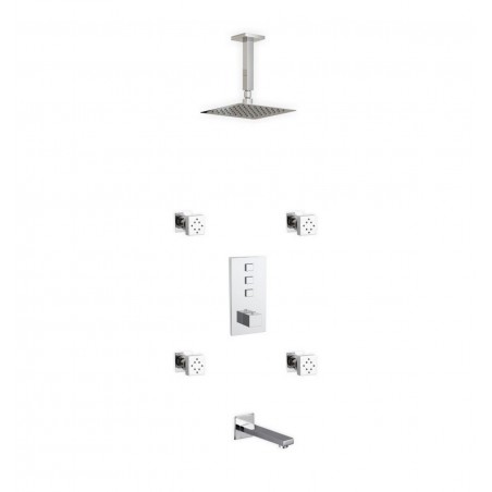 Piazza Thermostatic Shower Set w/ 8″ Ceiling Mount Square Rain Shower, Tub Filler and 4 Body Jets 