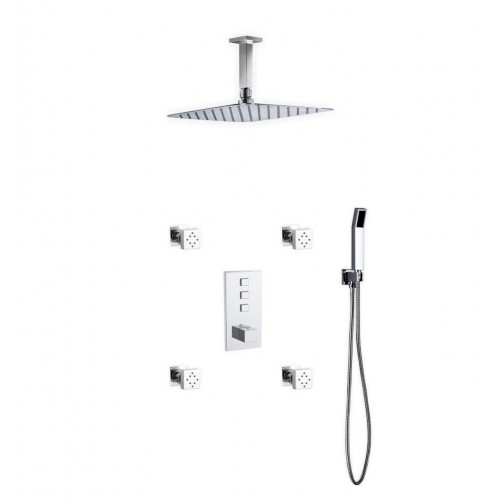 Piazza Thermostatic Shower Set w/ 12″ Ceiling Mount Square Rain Shower, 4 Body Jets and Handheld