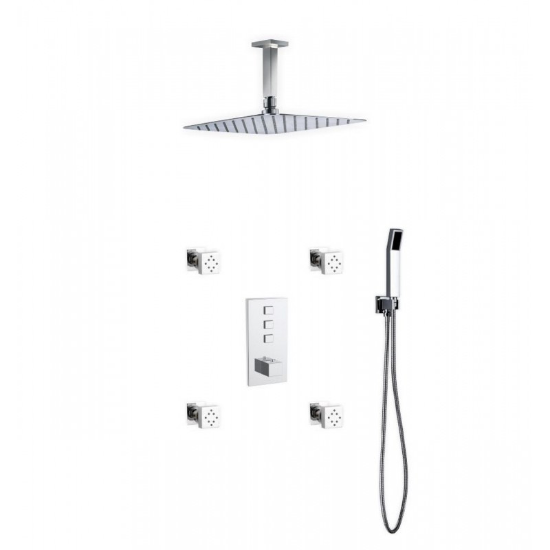 Piazza Thermostatic Shower Set w/ 12″ Ceiling Mount Square Rain Shower, 4 Body Jets and Handheld