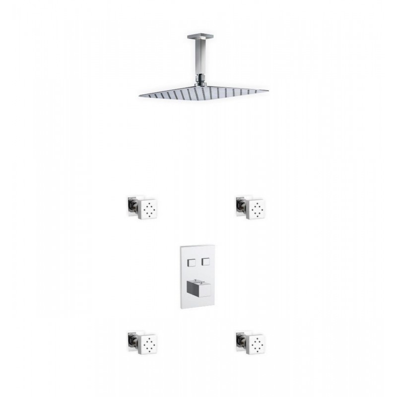 Piazza Thermostatic Brass Shower Set w/ 12″ Ceiling Mount Square Rain Shower and 4 Body Jets