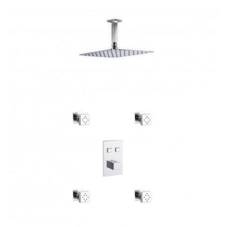 Piazza Thermostatic Brass Shower Set w/ 12″ Ceiling Mount Square Rain Shower and 4 Body Jets