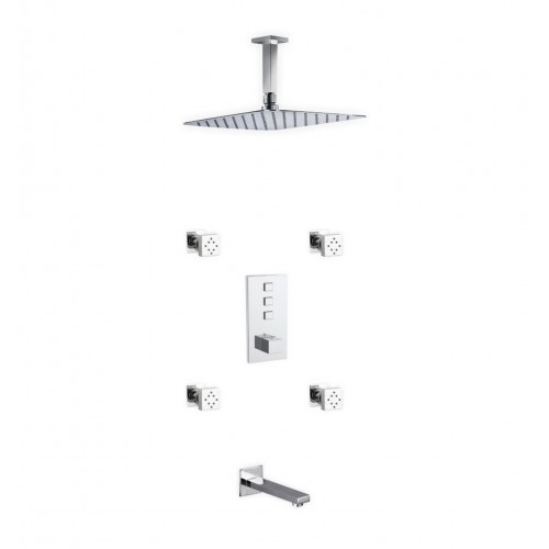 Piazza Thermostatic Shower Set w/ 12″ Ceiling Mount Square Rain Shower, Tub Filler and 4 Body Jets