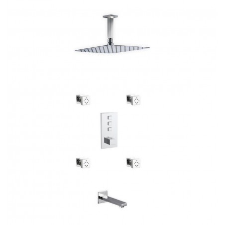Piazza Thermostatic Shower Set w/ 12″ Ceiling Mount Square Rain Shower, Tub Filler and 4 Body Jets