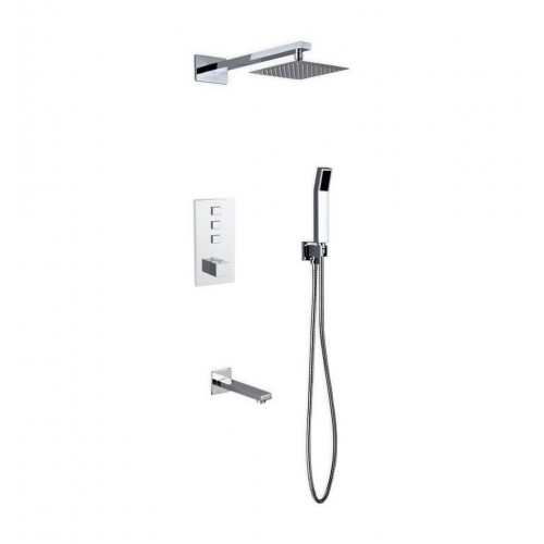 Piazza Thermostatic Brass Shower Set w/ 8″ Square Rain Shower, Tub Filler and Handheld