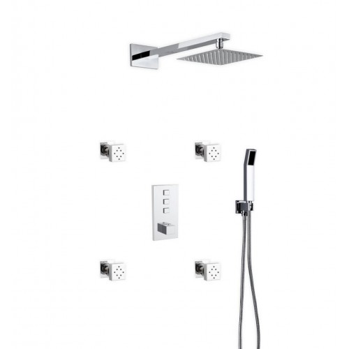 Piazza Thermostatic Brass Shower Set w/ 8″ Square Rain Shower, 4 Body Jets and Handheld