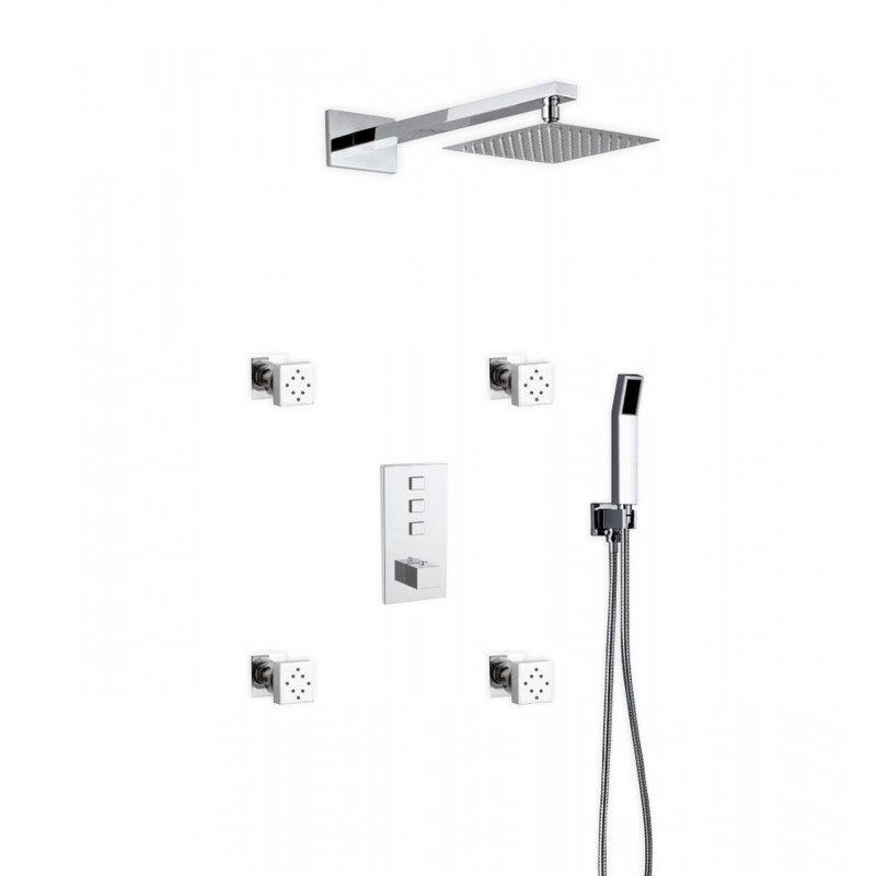 Piazza Thermostatic Brass Shower Set w/ 8″ Square Rain Shower, 4 Body Jets and Handheld