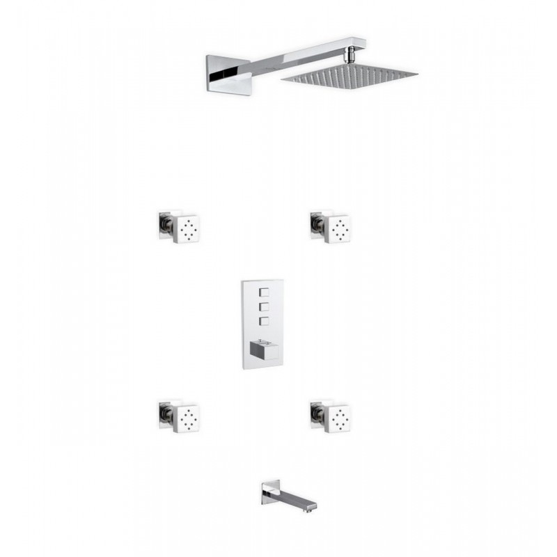 Piazza Thermostatic Brass Shower Set w/ 8″ Square Rain Shower, 4 Body Jets and Tub Filler