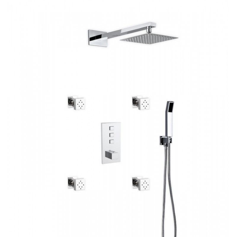 Piazza Thermostatic Brass Shower Set w/ 12″ Square Rain Shower, Handheld and 4 Body Jets