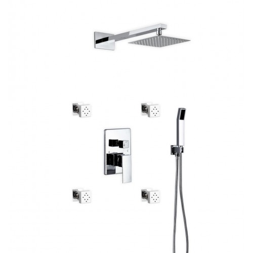 Aqua Piazza Brass Shower Set with 8" Square Rain Shower, 4 Body Jets and Handheld