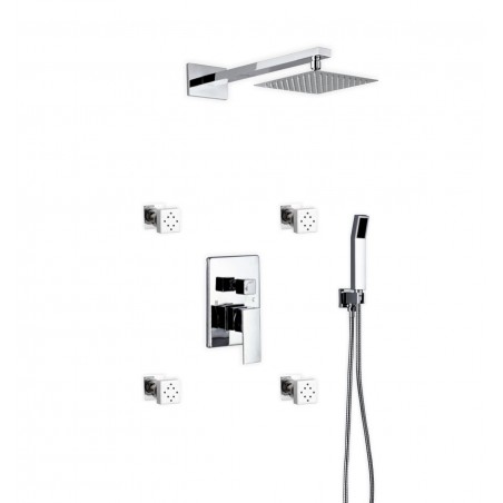 Aqua Piazza Brass Shower Set with 8" Square Rain Shower, 4 Body Jets and Handheld