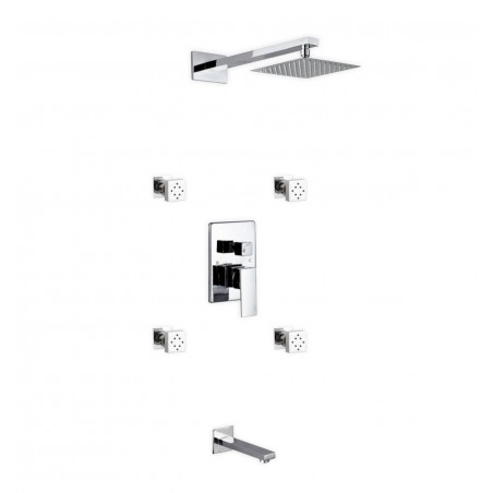 Aqua Piazza Brass Shower Set with 8" Square Rain Shower, 4 Body Jets and Tub Filler