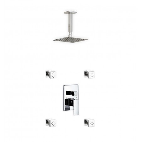 Aqua Piazza Brass Shower Set with 8" Ceiling Mount Square Rain Shower and 4 Body Jets