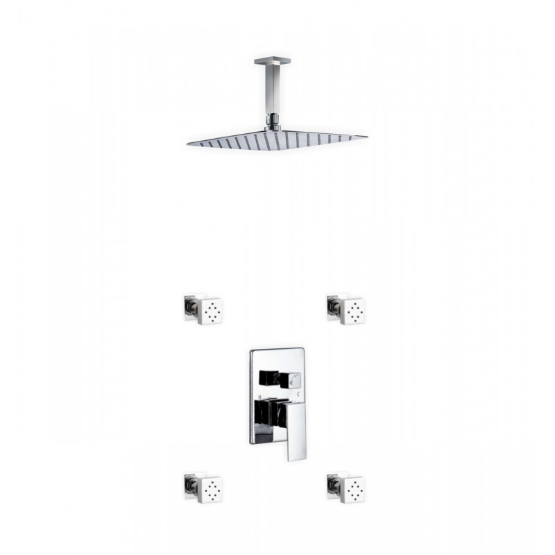 Aqua Piazza Brass Shower Set with 12" Ceiling Mount Square Rain Shower and 4 Body Jets