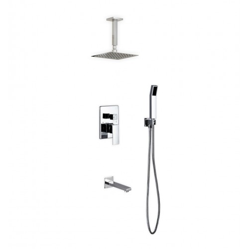 Aqua Piazza Brass Shower Set with 8" Ceiling Mount Square Rain Shower, Handheld and Tub Filler
