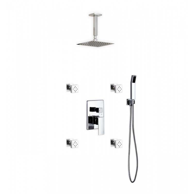 Aqua Piazza Brass Shower Set with 8" Ceiling Mount Square Rain Shower, Handheld and 4 Body Jets