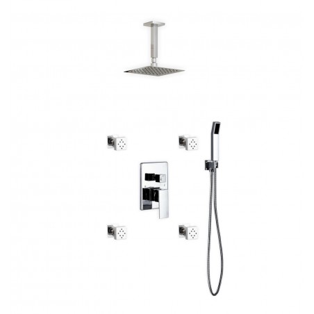 Aqua Piazza Brass Shower Set with 8" Ceiling Mount Square Rain Shower, Handheld and 4 Body Jets