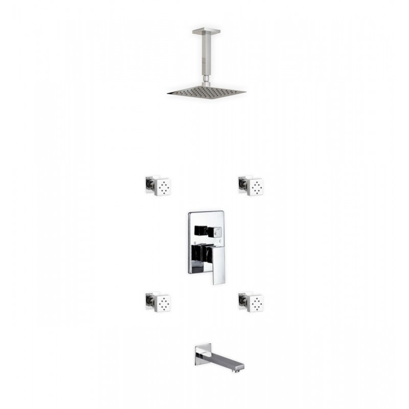 Aqua Piazza Brass Shower Set with 8" Ceiling Mount Square Rain Shower, Tub Filler and 4 Body Jets