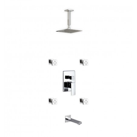 Aqua Piazza Brass Shower Set with 8" Ceiling Mount Square Rain Shower, Tub Filler and 4 Body Jets