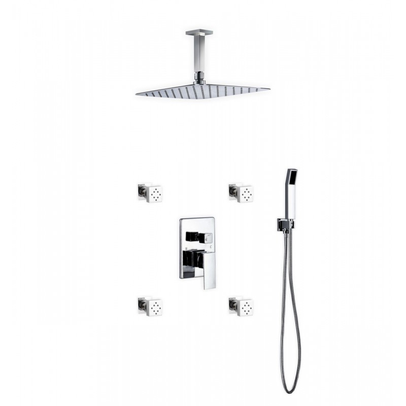 Aqua Piazza Brass Shower Set with 12" Ceiling Mount Square Rain Shower, 4 Body Jets and Handheld