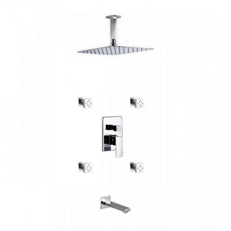 Aqua Piazza Brass Shower Set with 12" Ceiling Mount Square Rain Shower, Tub Filler and 4 Body Jets