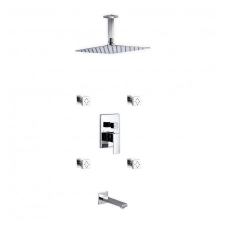 Aqua Piazza Brass Shower Set with 12" Ceiling Mount Square Rain Shower, Tub Filler and 4 Body Jets