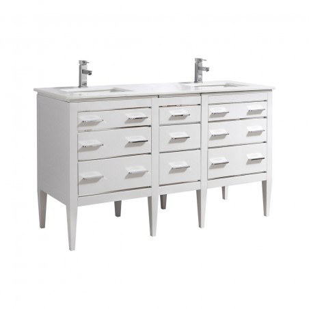 Eiffel 60'' Double Sink High Gloss White Vanity W/ Quartz Counter Top