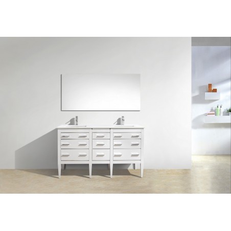 Eiffel 60'' Double Sink High Gloss White Vanity W/ Quartz Counter Top